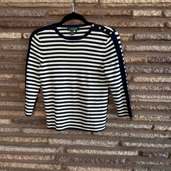 Lauren Ralph Lauren Navy Blue White Nautical Stripe Silk Blend Sweater Small P - Picture 6 of 6
